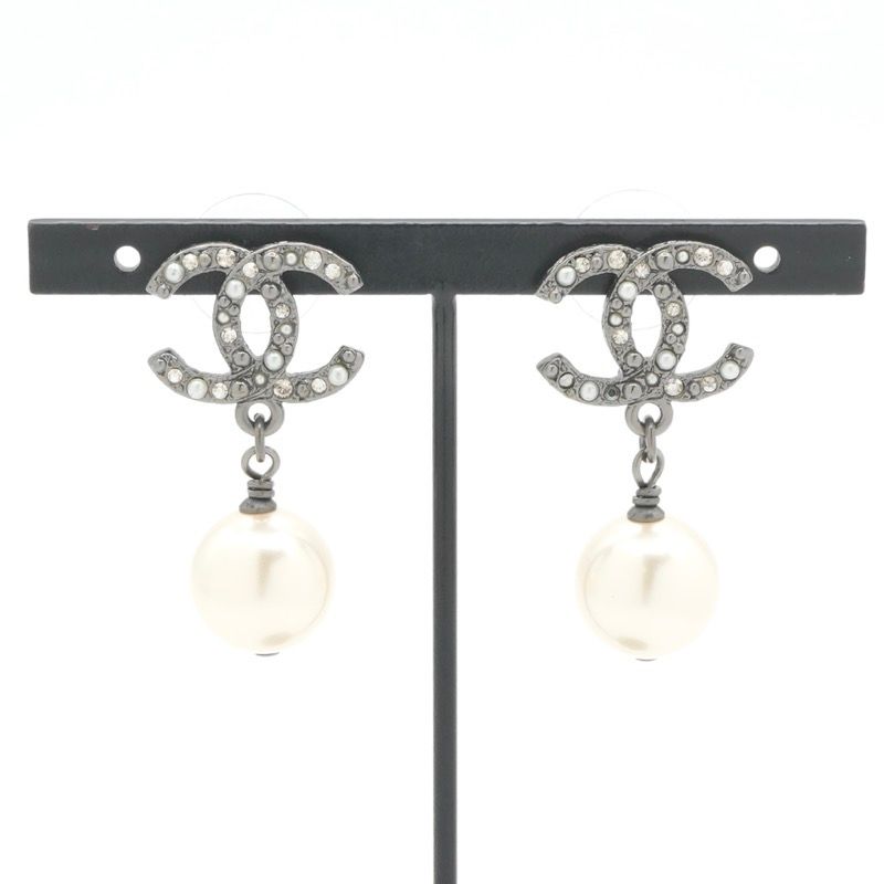 Chanel Earrings Silver Coco Mark Rhinestone Pearl