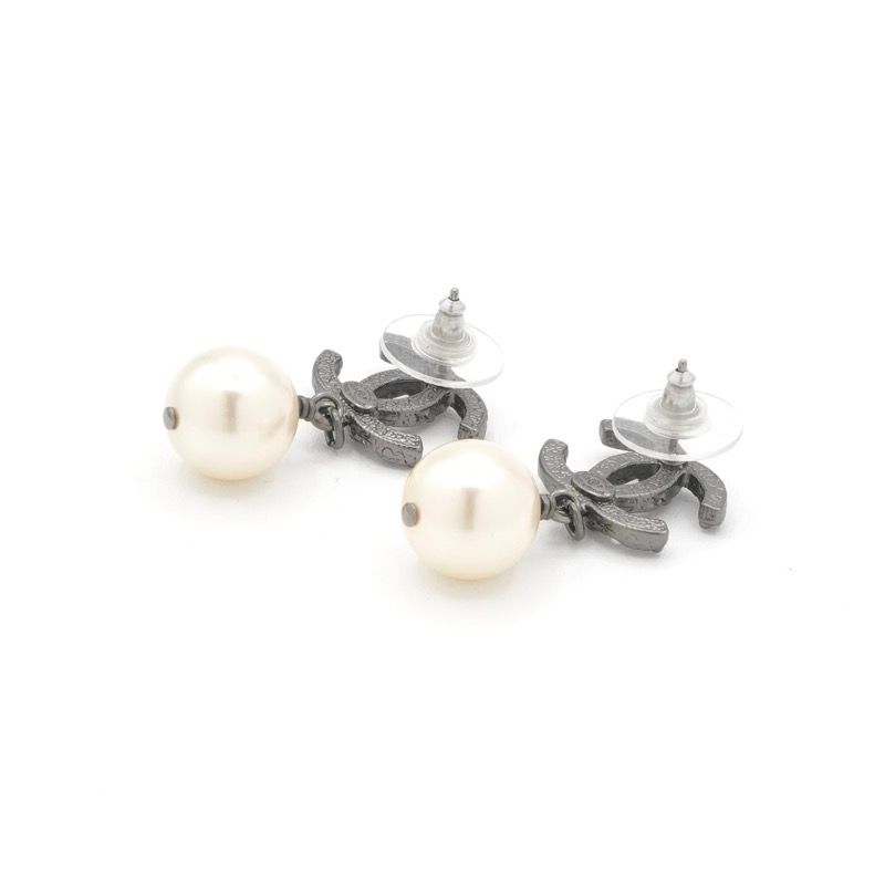 Chanel Earrings Silver Coco Mark Rhinestone Pearl