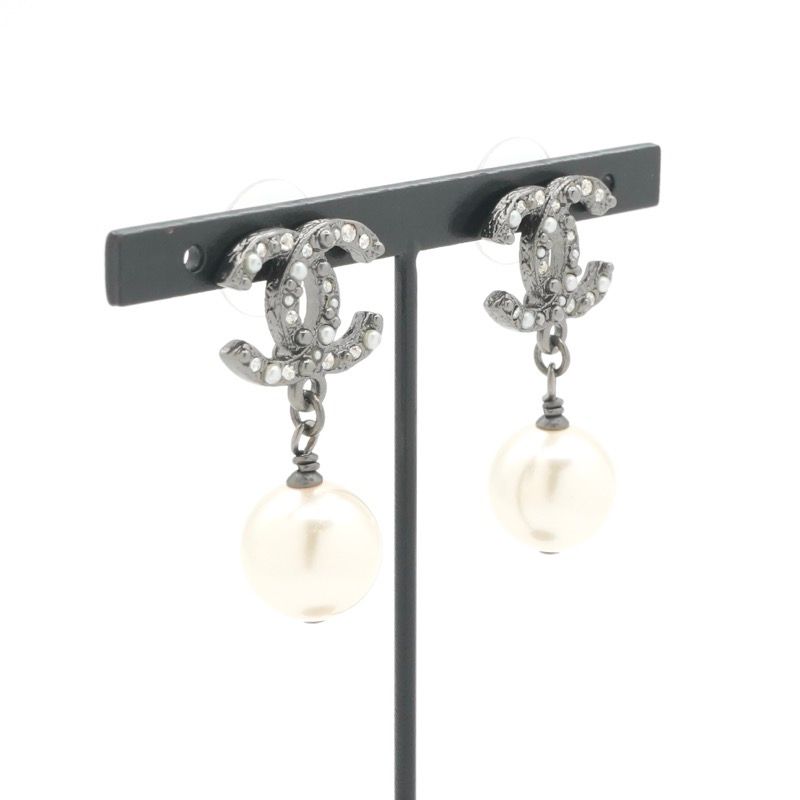 Chanel Earrings Silver Coco Mark Rhinestone Pearl