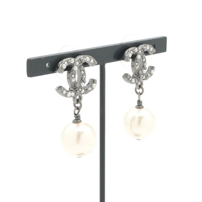 Chanel Earrings Silver Coco Mark Rhinestone Pearl