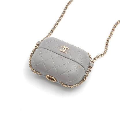 Chanel Airpods Case Charm Lambskin Coco Mark Quilted Chain Gray