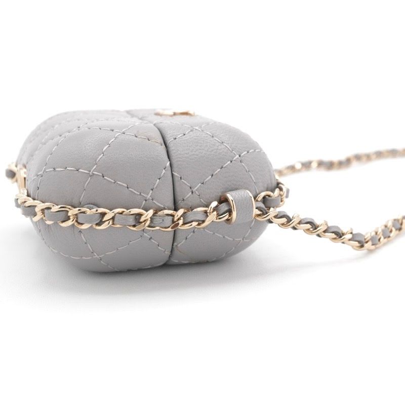 Chanel Airpods Case Charm Lambskin Coco Mark Quilted Chain Gray