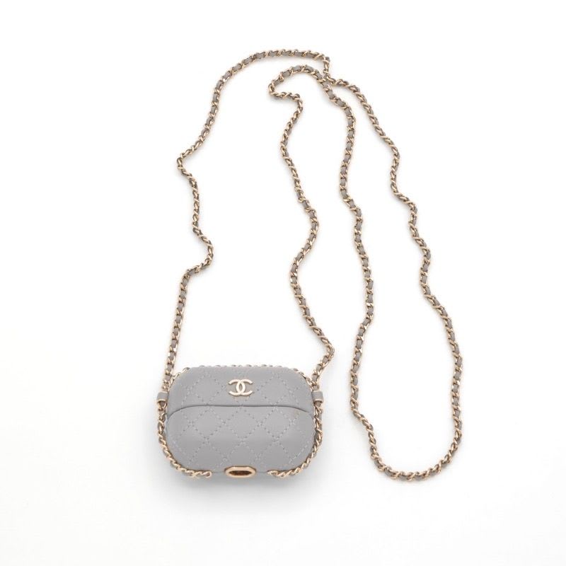 Chanel Airpods Case Charm Lambskin Coco Mark Quilted Chain Gray