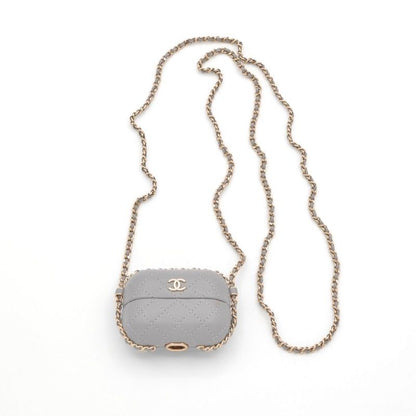 Chanel Airpods Case Charm Lambskin Coco Mark Quilted Chain Gray