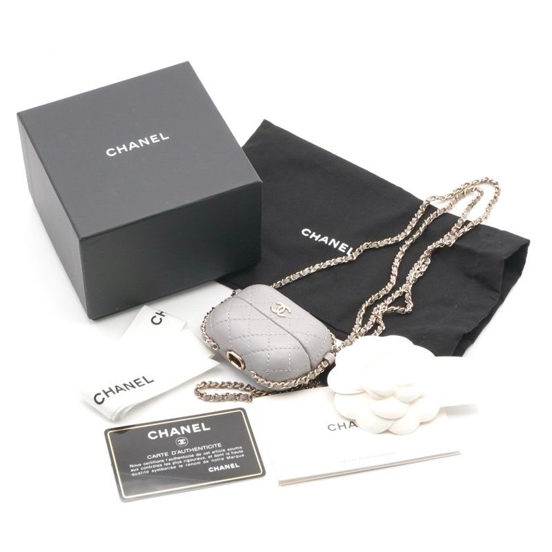 Chanel Airpods Case Charm Lambskin Coco Mark Quilted Chain Gray