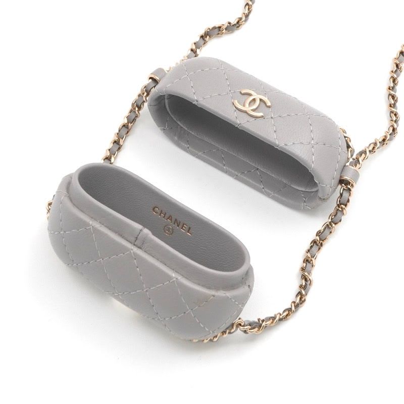 Chanel Airpods Case Charm Lambskin Coco Mark Quilted Chain Gray