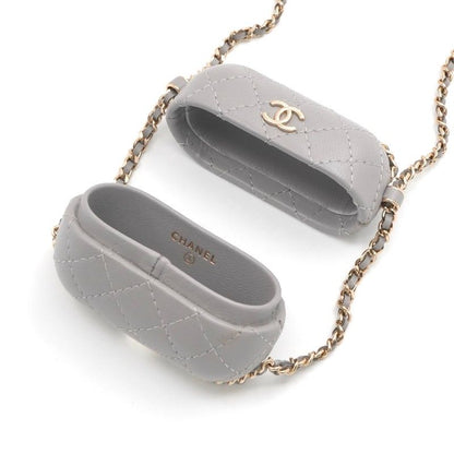 Chanel Airpods Case Charm Lambskin Coco Mark Quilted Chain Gray