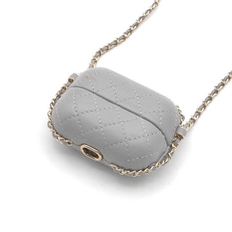 Chanel Airpods Case Charm Lambskin Coco Mark Quilted Chain Gray