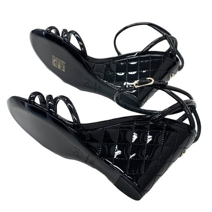 Chanel Sandals Shoes Patent Black Unused Coco Mark Matelasse Wedge Sole