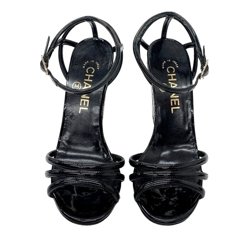 Chanel Sandals Shoes Patent Black Unused Coco Mark Matelasse Wedge Sole