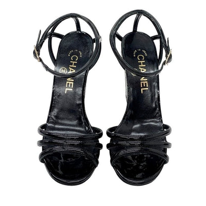 Chanel Sandals Shoes Patent Black Unused Coco Mark Matelasse Wedge Sole