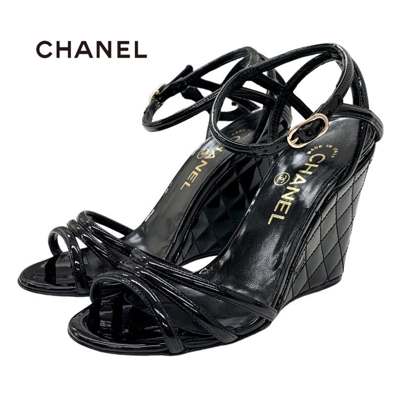 Chanel Sandals Shoes Patent Black Unused Coco Mark Matelasse Wedge Sole
