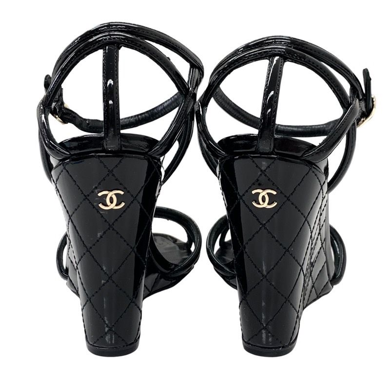 Chanel Sandals Shoes Patent Black Unused Coco Mark Matelasse Wedge Sole