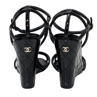 Chanel Sandals Shoes Patent Black Unused Coco Mark Matelasse Wedge Sole