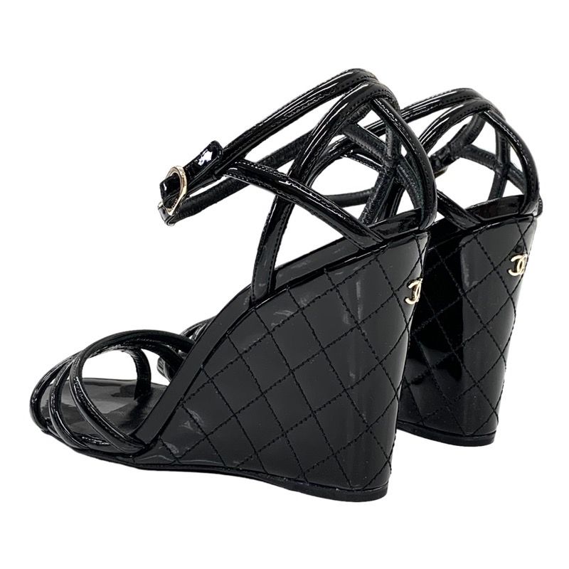 Chanel Sandals Shoes Patent Black Unused Coco Mark Matelasse Wedge Sole