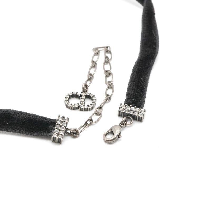 Christian Dior J'a Necklace Choker Black Silver Rhinestone Logo