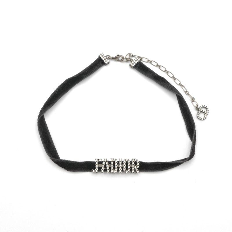 Christian Dior J'a Necklace Choker Black Silver Rhinestone Logo