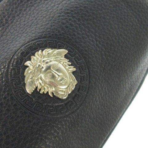 Gianni Versace Gianni Versace Pouch Leather Genuine Leather Navy Gray Logo