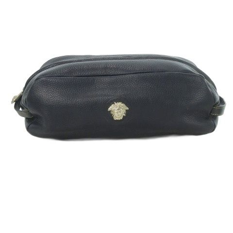 Gianni Versace Gianni Versace Pouch Leather Genuine Leather Navy Gray Logo