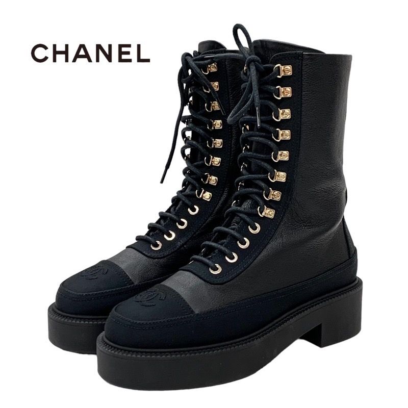 Chanel Boots Short Boots Here Mark Calfskin Lace Up Black