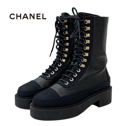 Chanel Boots Short Boots Here Mark Calfskin Lace Up Black