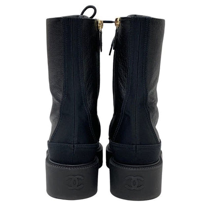 Chanel Boots Short Boots Here Mark Calfskin Lace Up Black