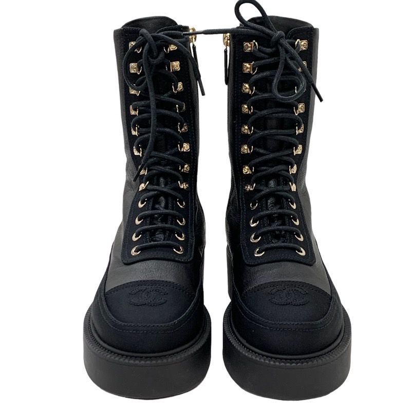 Chanel Boots Short Boots Here Mark Calfskin Lace Up Black