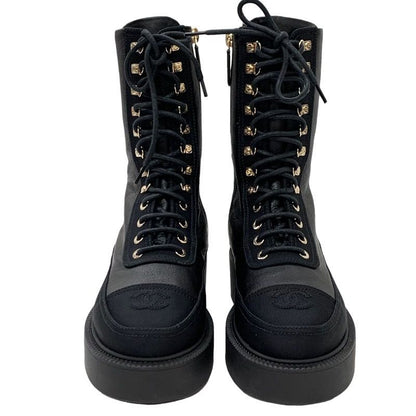 Chanel Boots Short Boots Here Mark Calfskin Lace Up Black