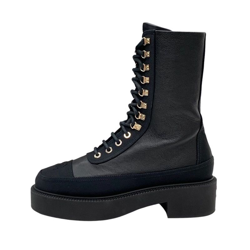 Chanel Boots Short Boots Here Mark Calfskin Lace Up Black