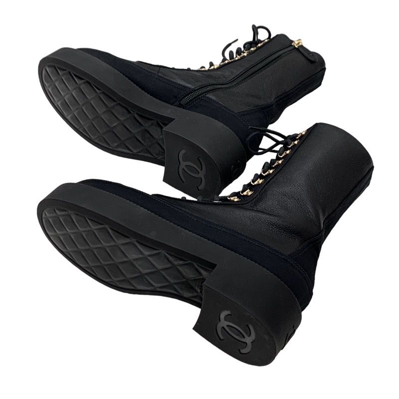 Chanel Boots Short Boots Here Mark Calfskin Lace Up Black