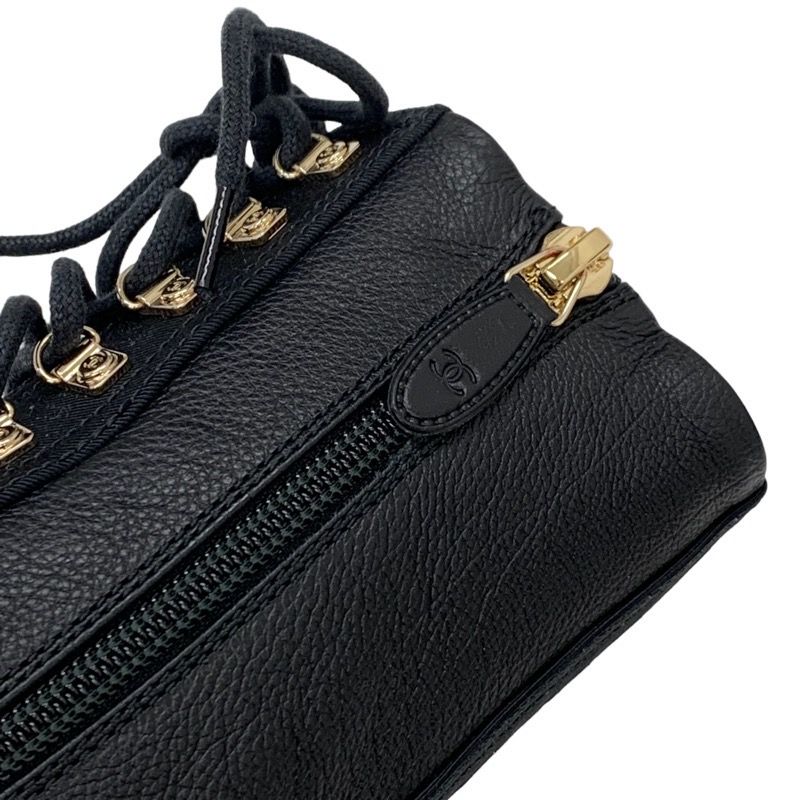 Chanel Boots Short Boots Here Mark Calfskin Lace Up Black