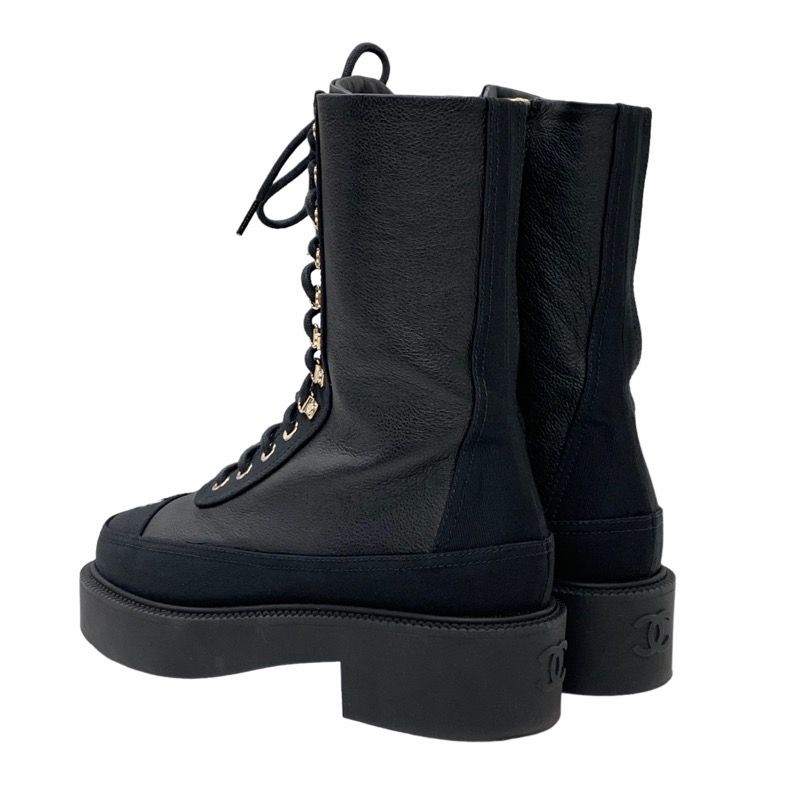Chanel Boots Short Boots Here Mark Calfskin Lace Up Black