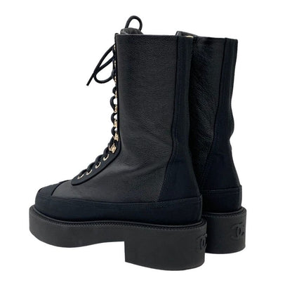 Chanel Boots Short Boots Here Mark Calfskin Lace Up Black