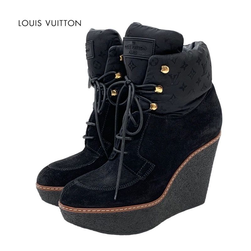 Louis Vuitton Monogram Boots Short Boots Lace Up Wedge Sole Suede Nylon Black