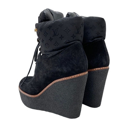 Louis Vuitton Monogram Boots Short Boots Lace Up Wedge Sole Suede Nylon Black