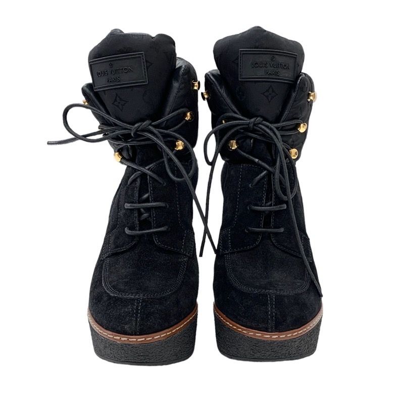 Louis Vuitton Monogram Boots Short Boots Lace Up Wedge Sole Suede Nylon Black
