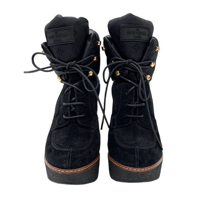 Louis Vuitton Monogram Boots Short Boots Lace Up Wedge Sole Suede Nylon Black