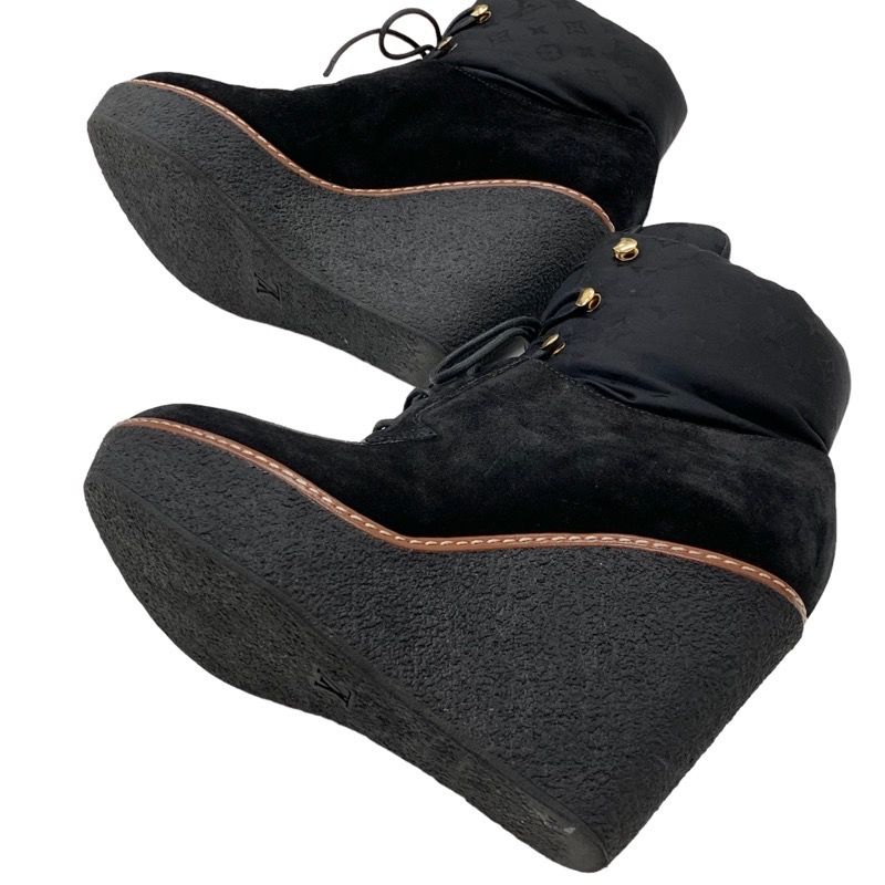 Louis Vuitton Monogram Boots Short Boots Lace Up Wedge Sole Suede Nylon Black