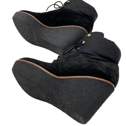 Louis Vuitton Monogram Boots Short Boots Lace Up Wedge Sole Suede Nylon Black