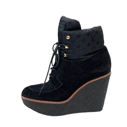 Louis Vuitton Monogram Boots Short Boots Lace Up Wedge Sole Suede Nylon Black