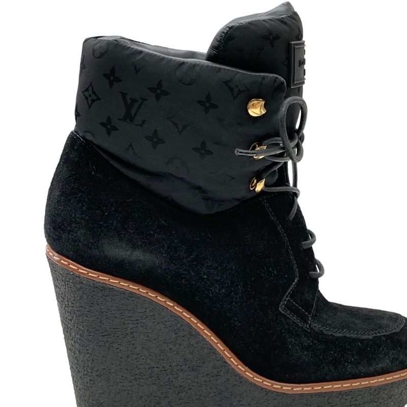 Louis Vuitton Monogram Boots Short Boots Lace Up Wedge Sole Suede Nylon Black