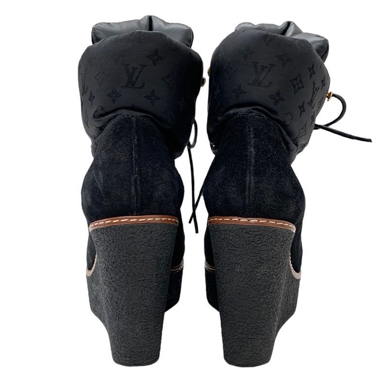 Louis Vuitton Monogram Boots Short Boots Lace Up Wedge Sole Suede Nylon Black
