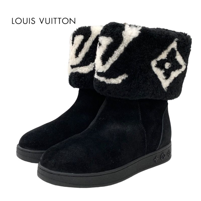 Louis Vuitton Snowdrop Line Monogram Short Boots Mouton Boots Folded Suede Black