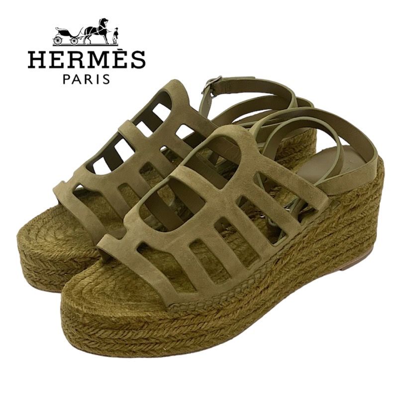 Hermes Catalia Sandals Shoes Suede Khaki Silver Unused Espadrilles Wedge Sole