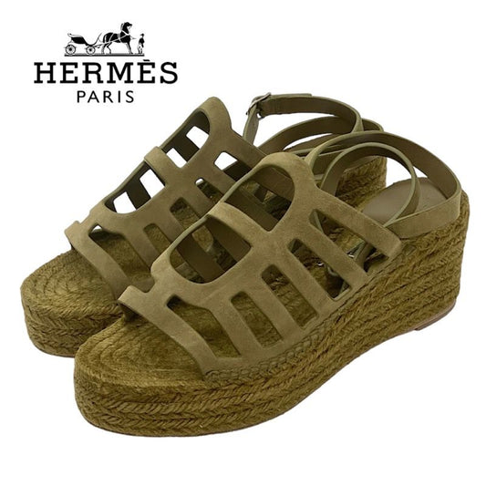 Hermes Catalia Sandals Shoes Suede Khaki Silver Unused Espadrilles Wedge Sole