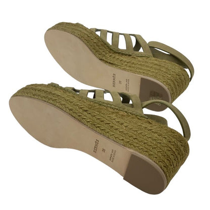 Hermes Catalia Sandals Shoes Suede Khaki Silver Unused Espadrilles Wedge Sole