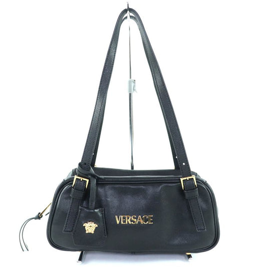 美品◇versace ヴェルサーチ 1015792 ヴェルサーチェ タグ ナッパ ボウリング バッグ メデューサチャーム付き レザー ハンドバッグ ブラック
