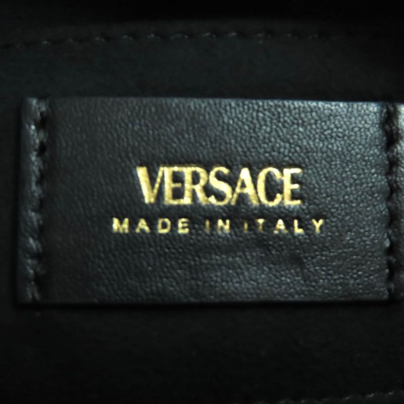 美品◇versace ヴェルサーチ 1015792 ヴェルサーチェ タグ ナッパ ボウリング バッグ メデューサチャーム付き レザー ハンドバッグ ブラック