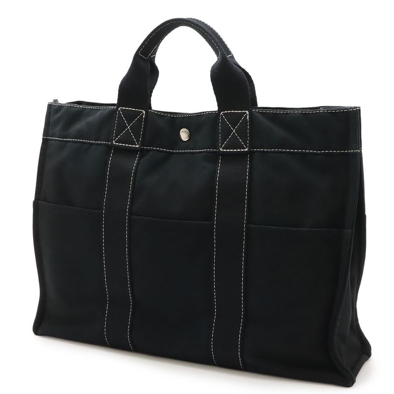 Hermes Deauville MM Tote Bag Large Handbag Canvas Black Silver Hardware