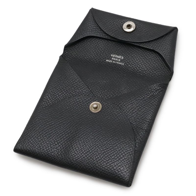Hermes Bastia Coin Case Purse Vaux Epson Leather Black Silver Hardware